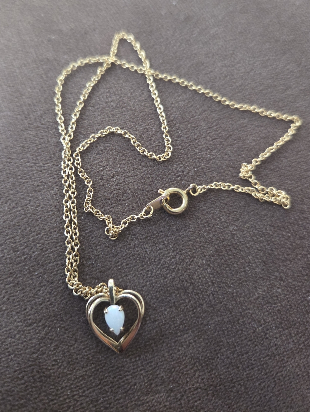 Golden Open 3D Heart Pendant Necklace w/White Opal Accent Pear Shaped Stone -VTG
